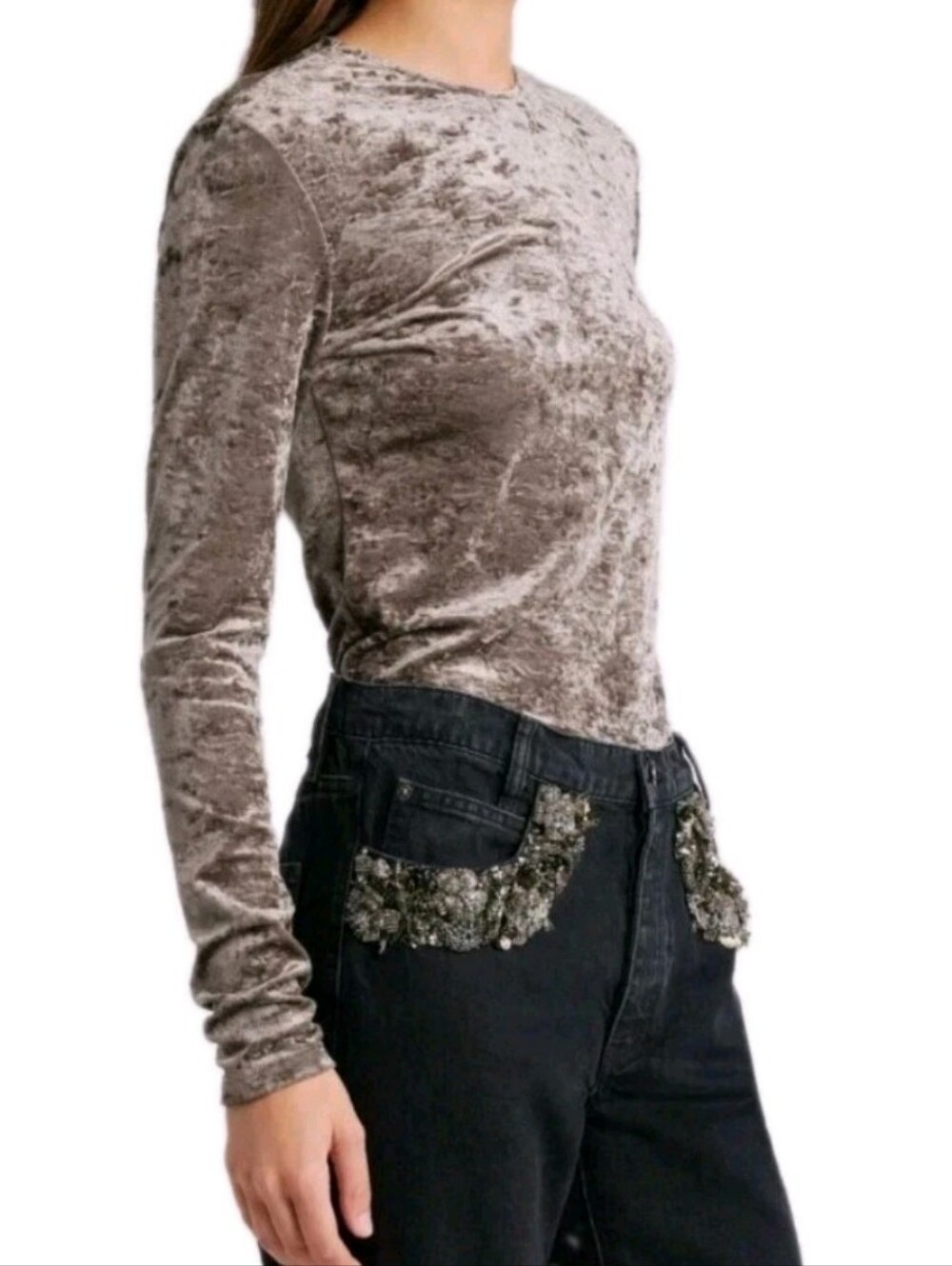 FRAME Women's Dusk Crushed Velvet Long Sleeve Top Msrp $348